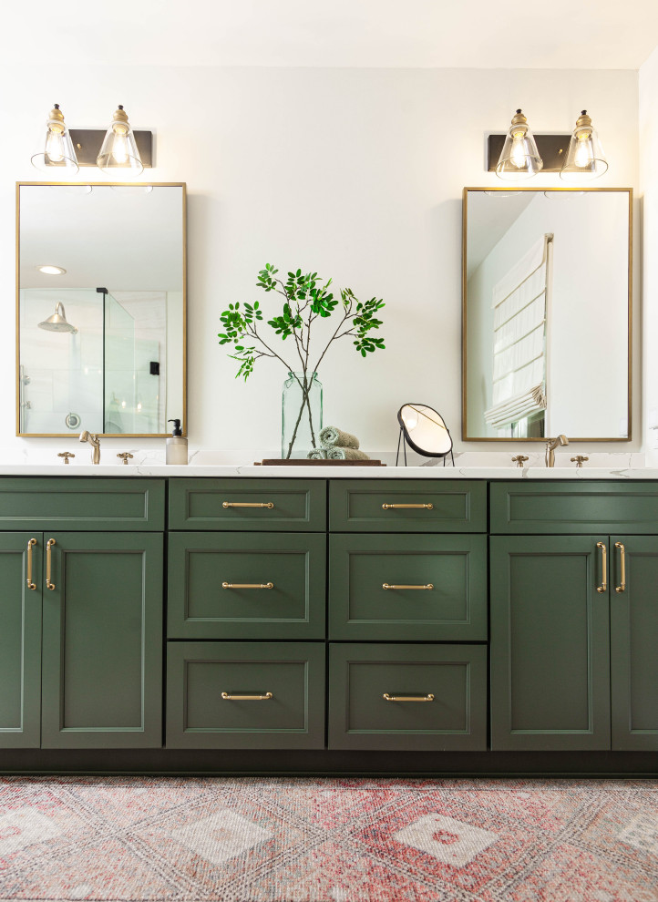 Inspiration for a mid-sized contemporary master bathroom in Atlanta with shaker cabinets, green cabinets, a freestanding tub, a two-piece toilet, porcelain tile, porcelain floors, an undermount sink, engineered quartz benchtops, a hinged shower door, a niche, a double vanity and a built-in vanity.