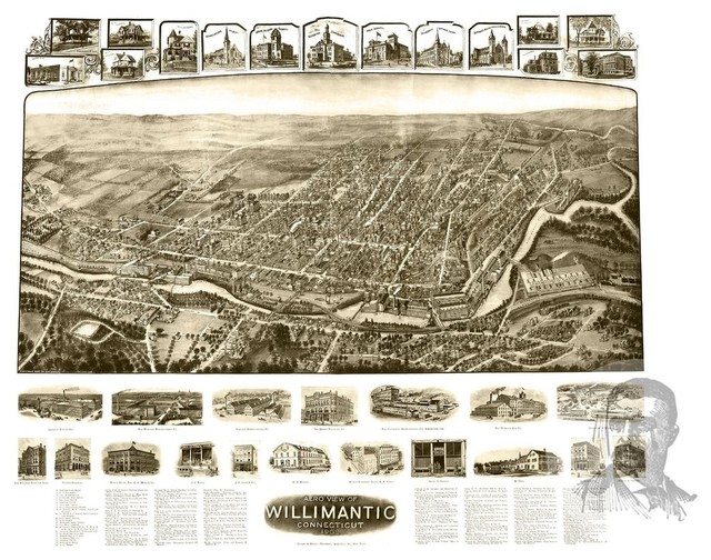 Old Map of Willimantic Connecticut 1909, Vintage Map Art Print, 24"x36