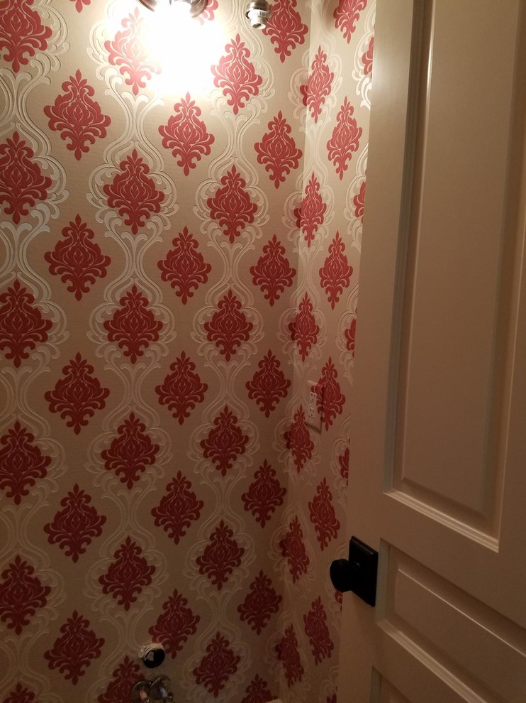 Ann Arbor Red & White Damask Powder Room Wallpaper