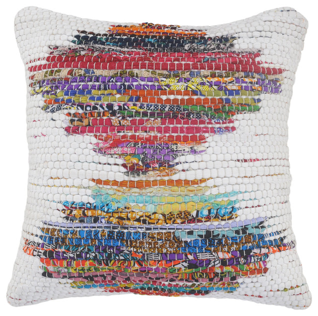White and Multicolored Chindi Geometric Throw Pillow, 20" X 20"