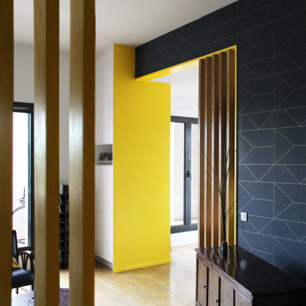 Mid-sized contemporary vestibule in Paris with green walls and light hardwood floors.