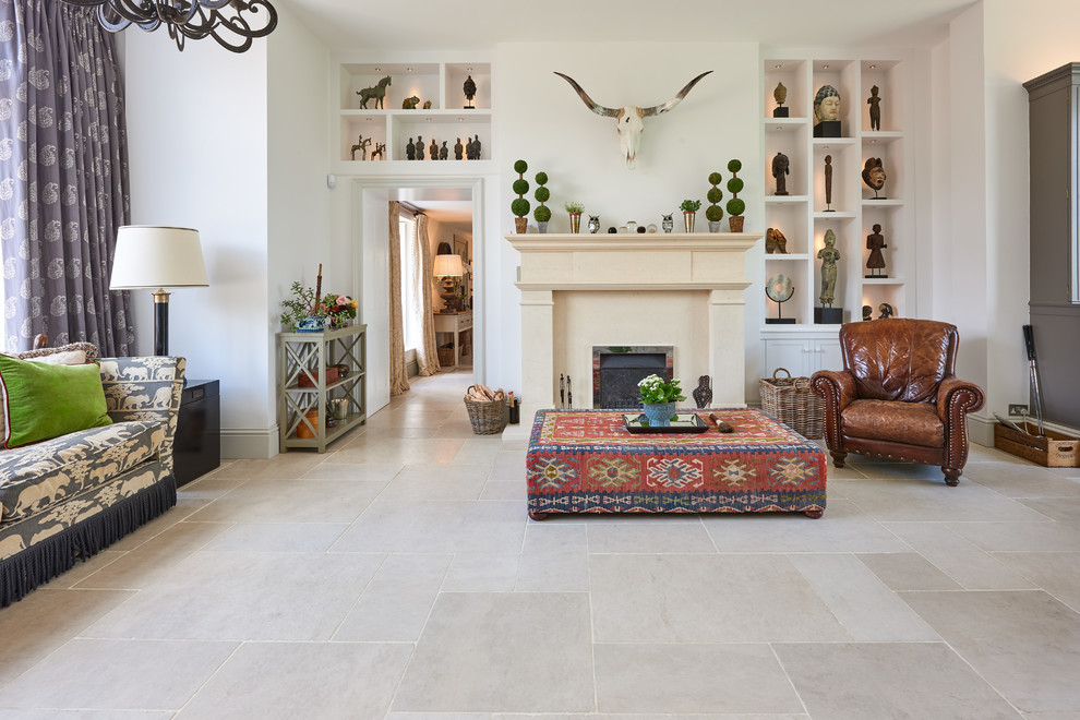 Country living room in Wiltshire with limestone floors.