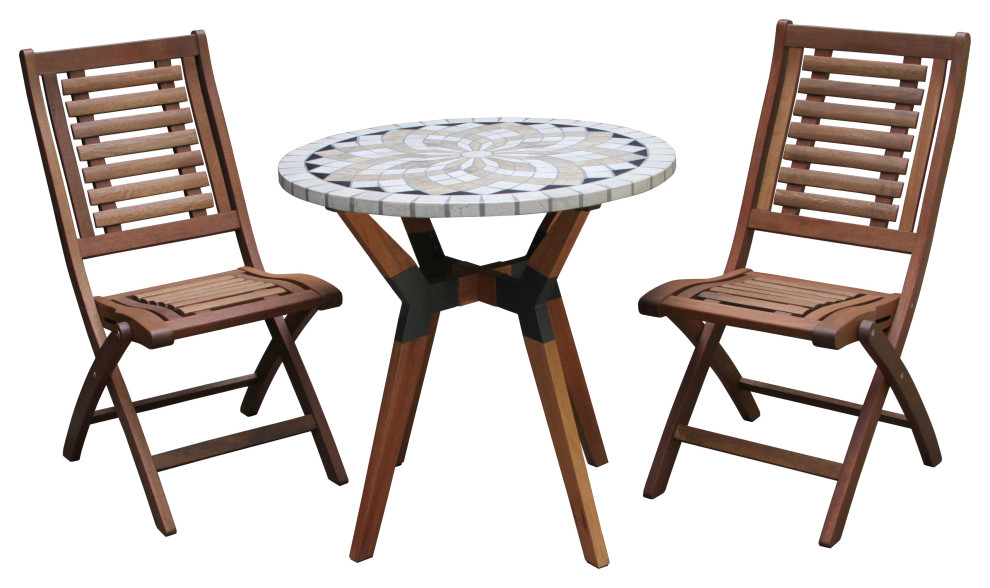 3Piece Spanish Marble and Eucalyptus Bistro Set With Folding Chairs