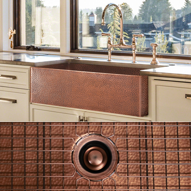 Luxury 33Inch Heavy 12GAUGE Med. Patina Copper Farmhouse Sink, Flat Front Traditional
