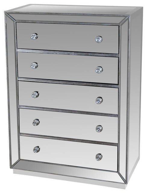 Jameson 5 Drawer Silver Mirrored, Mirrored Chester Drawers Furniture