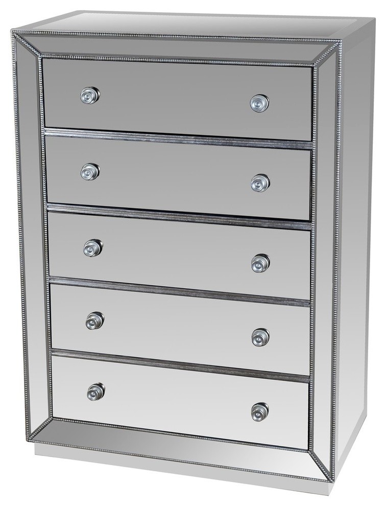 Jameson 5 Drawer Silver Mirrored, Mirrored Dresser With Jewelry Drawer