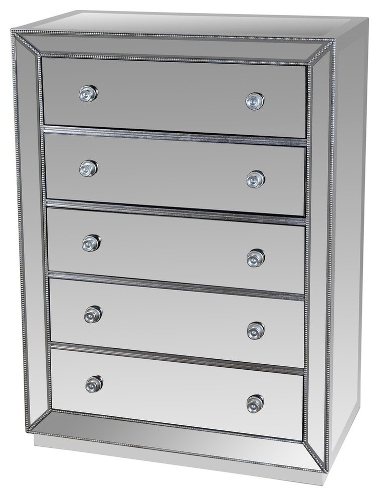 Jameson 5 Drawer Silver Mirrored Exclusive Chest Transitional