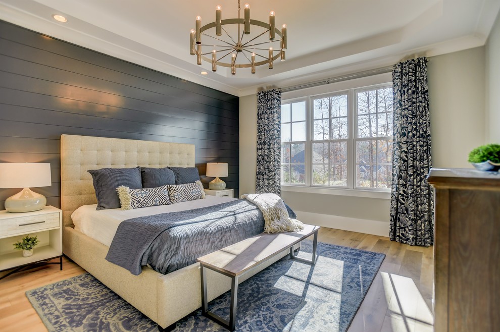 Design ideas for a transitional bedroom in Charlotte with black walls.