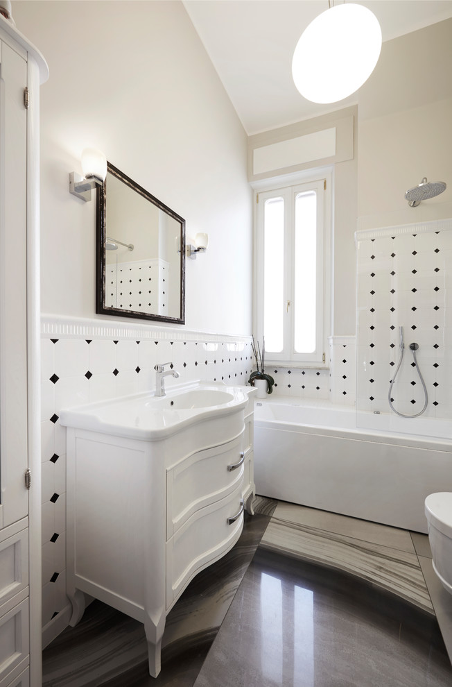 Photo of a medium sized midcentury ensuite bathroom with raised-panel cabinets, white cabinets, an alcove bath, a shower/bath combination and white walls.