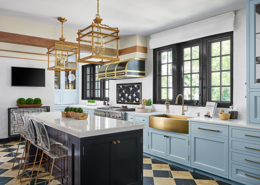 Inspiration for a large traditional eat-in kitchen in Chicago with a farmhouse sink, recessed-panel cabinets, blue cabinets, quartz benchtops, white splashback, marble splashback, stainless steel appliances, marble floors, with island, white floor, white benchtop and exposed beam.