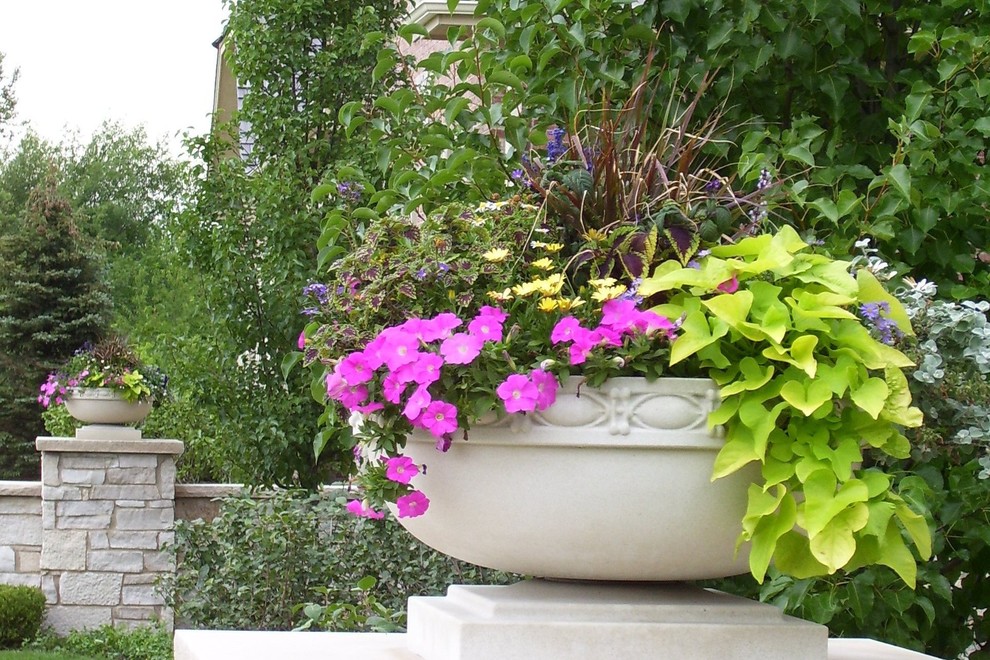 Inspiration for an expansive traditional front yard full sun garden for summer in Chicago with a container garden and natural stone pavers.