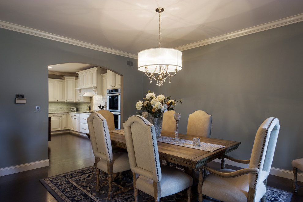 Inspiration for a mid-sized transitional dark wood floor kitchen/dining room combo remodel in Chicago with gray walls and no fireplace