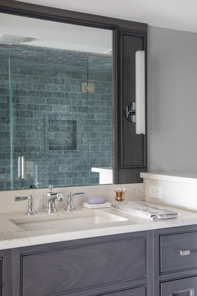 Small beach style master gray tile and marble tile marble floor, gray floor and double-sink bathroom photo in Milwaukee with beaded inset cabinets, gray cabinets, a two-piece toilet, gray walls, an undermount sink, quartz countertops, a hinged shower door, white countertops and a built-in vanity