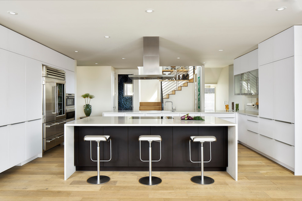 Design ideas for a contemporary kitchen in Austin with an undermount sink, flat-panel cabinets, white cabinets, stainless steel appliances, light hardwood floors and with island.