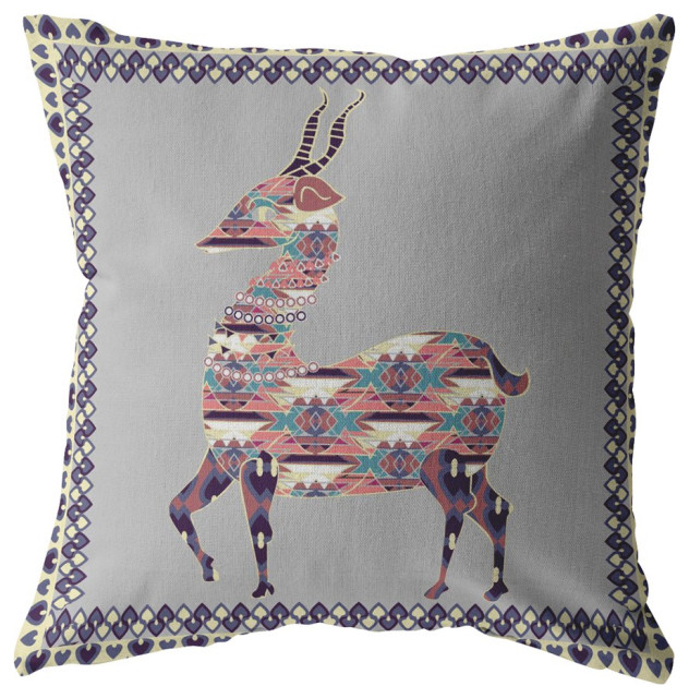 20" Purple Cream Boho Deer Indoor Outdoor Throw Pillow