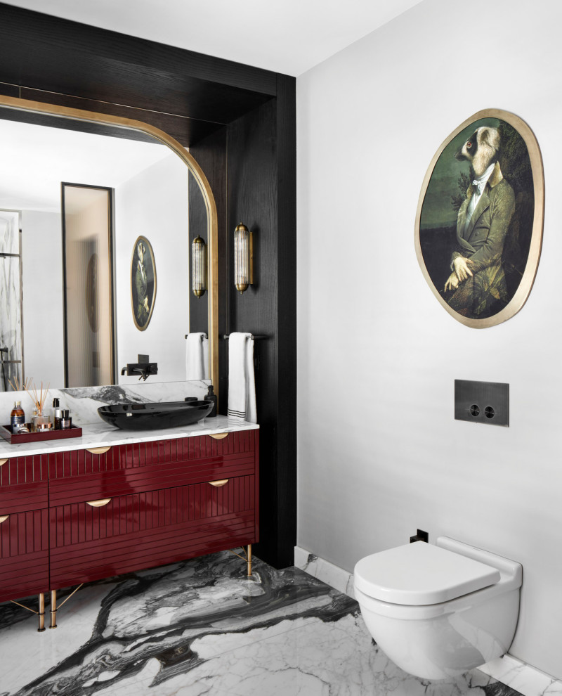 Inspiration for a large contemporary 3/4 bathroom in Other with red cabinets, a wall-mount toilet, black tile, grey walls, a vessel sink, multi-coloured floor, white benchtops, a freestanding vanity and flat-panel cabinets.