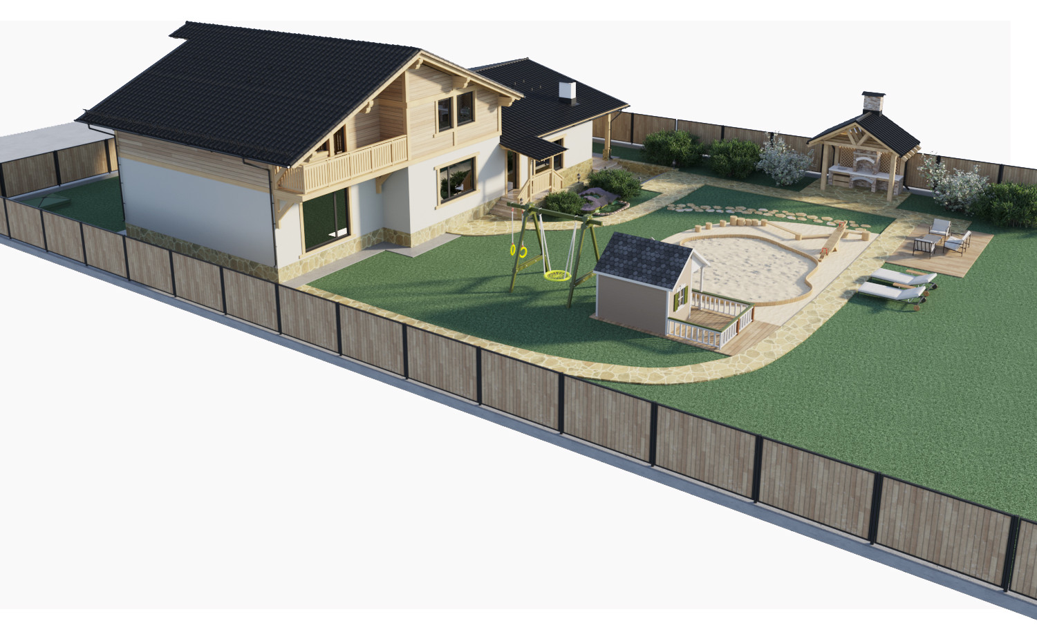 Визуализация решения по благоустройству вокруг дома. Пристройка к дому.