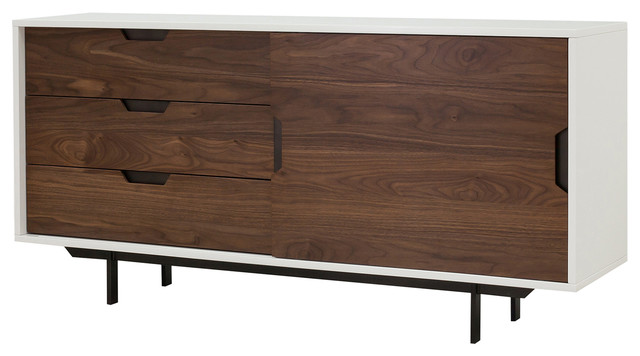 Manfred Mid Century White Lacquer Walnut Sliding Door Cabinet