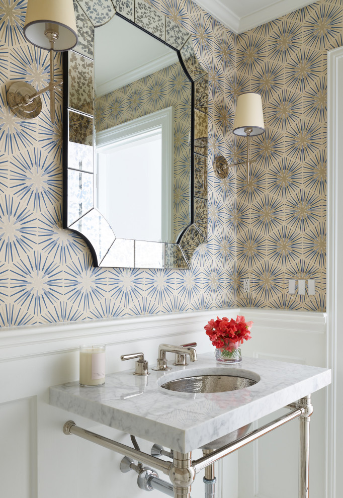 Small transitional multicolored tile powder room photo in Boston with an undermount sink, white countertops and multicolored walls