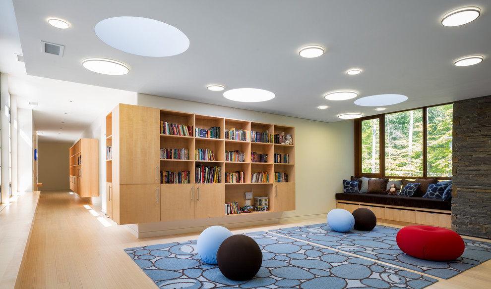 Inspiration for a large modern kids' playroom for kids 4-10 years old in DC Metro with light hardwood floors.