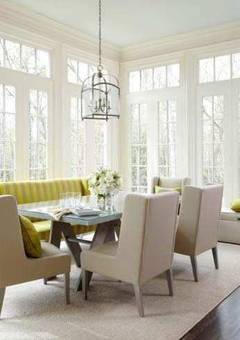 Inspiration for a mid-sized transitional dark wood floor kitchen/dining room combo remodel in Orange County with white walls