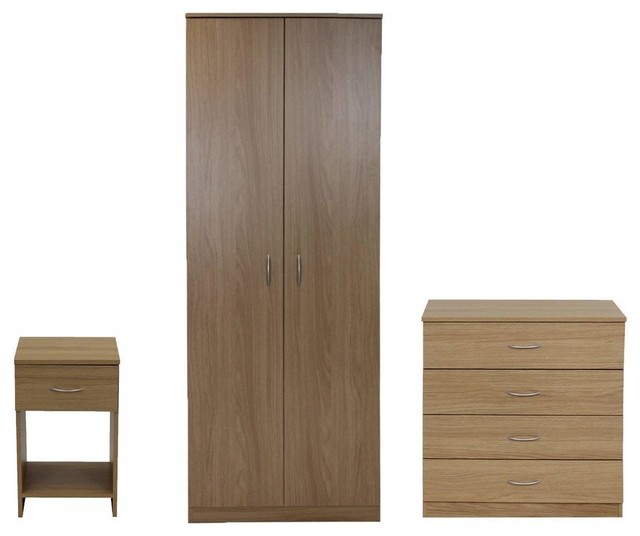 Bedroom Furniture Set - Wardrobe, 4-Drawer Chest and Bedside Cabinet, Brown Oak