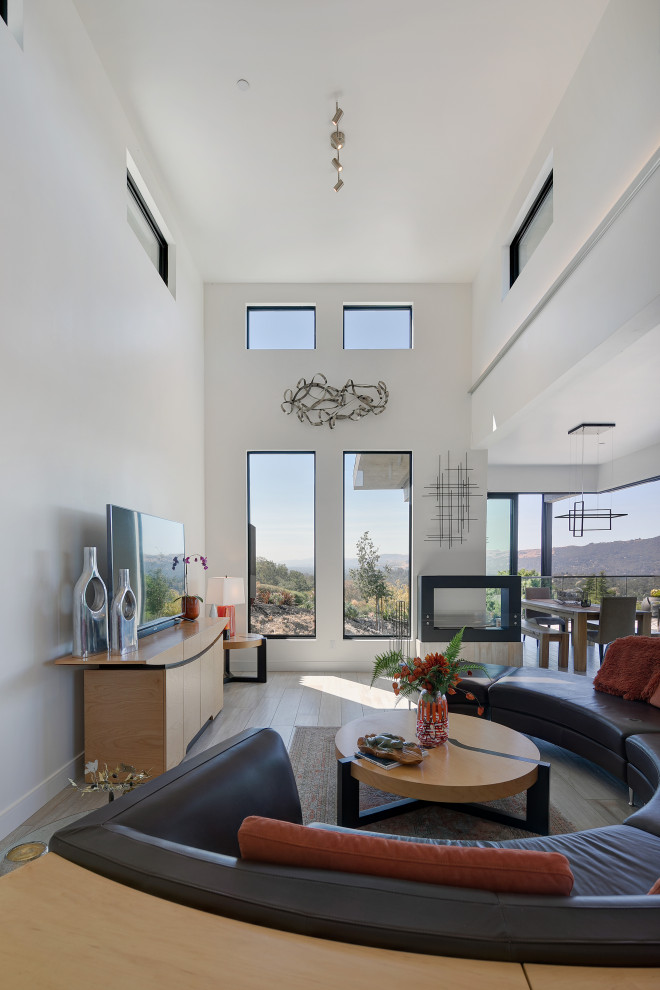 This is an example of a mid-sized contemporary open concept family room in San Francisco with white walls, porcelain floors, a two-sided fireplace, a metal fireplace surround, a freestanding tv and grey floor.