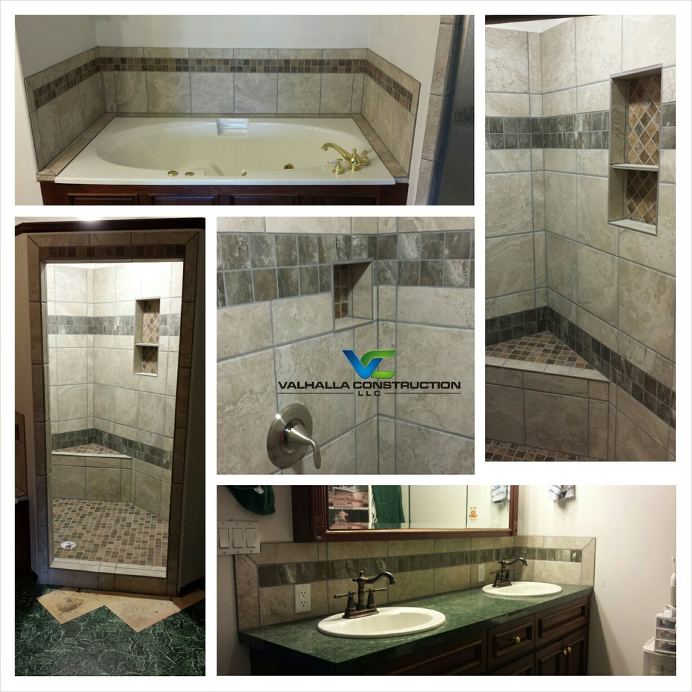 Double shower - mid-sized traditional master multicolored tile and ceramic tile double shower idea in Other with a drop-in sink, recessed-panel cabinets, dark wood cabinets, laminate countertops, a hot tub, a two-piece toilet and white walls