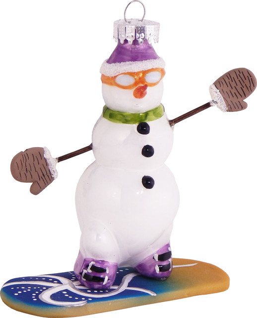 Snowboarding Snowman With Orange Goggles Christmas Holiday Ornament Glass