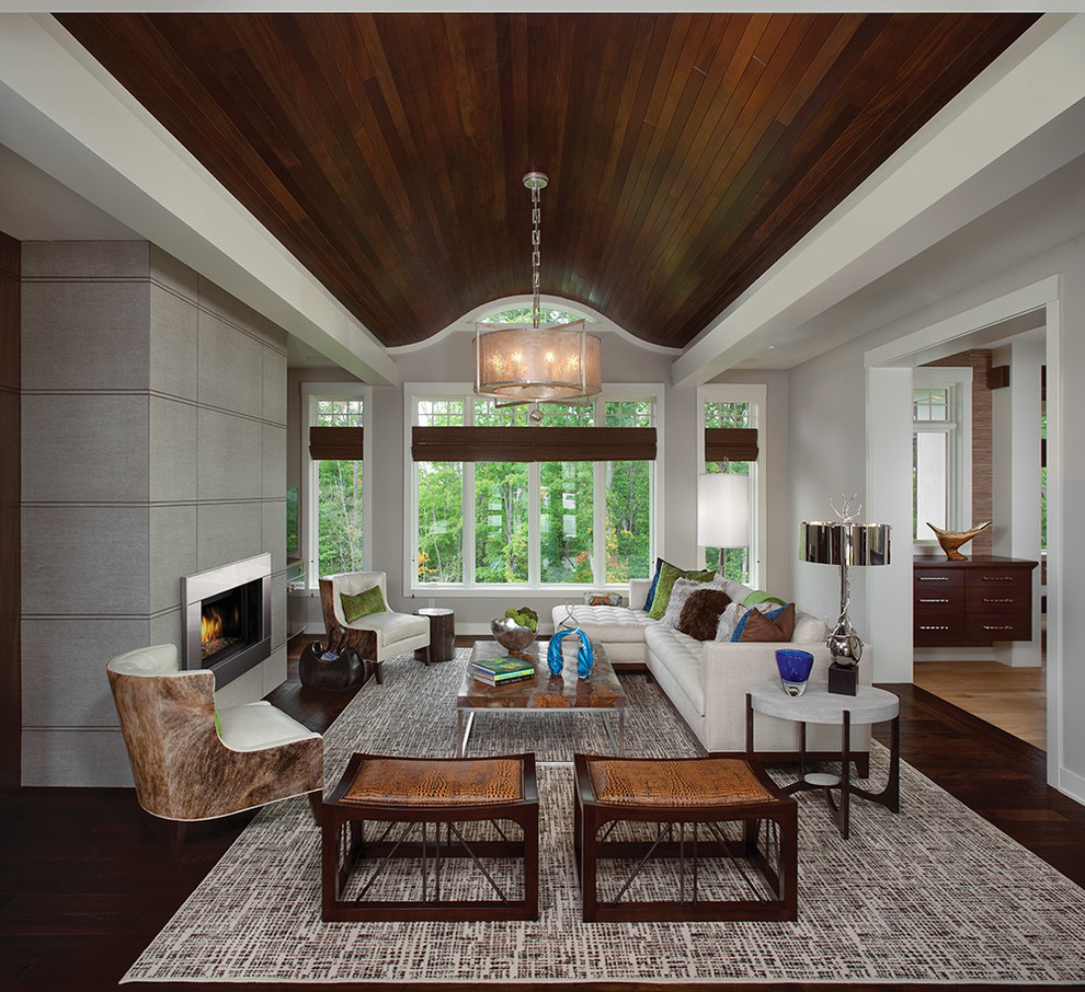 Living room - large transitional enclosed dark wood floor and brown floor living room idea in Toronto with a ribbon fireplace, a metal fireplace and white walls