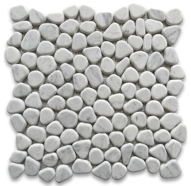 Pebble Stone Mosaic Tile Carrara White Marble River Rocks Tumbled, 1 sheet