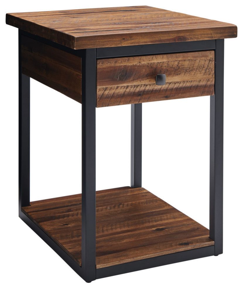 Claremont Rustic Wood End Table, Drawer and Low Shelf Industrial