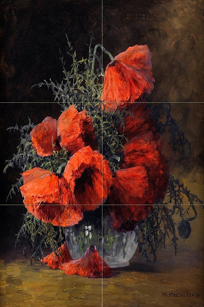 Tile Mural Flowers Red Poppies Kitchen Backsplash, Four Inch Marble