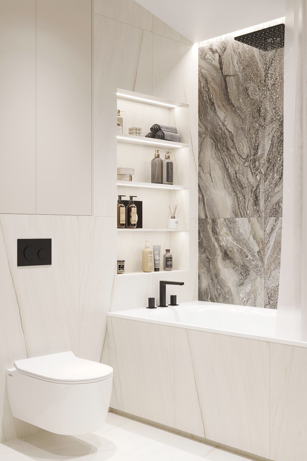 Белые интерьеры спальни и ванной комнаты