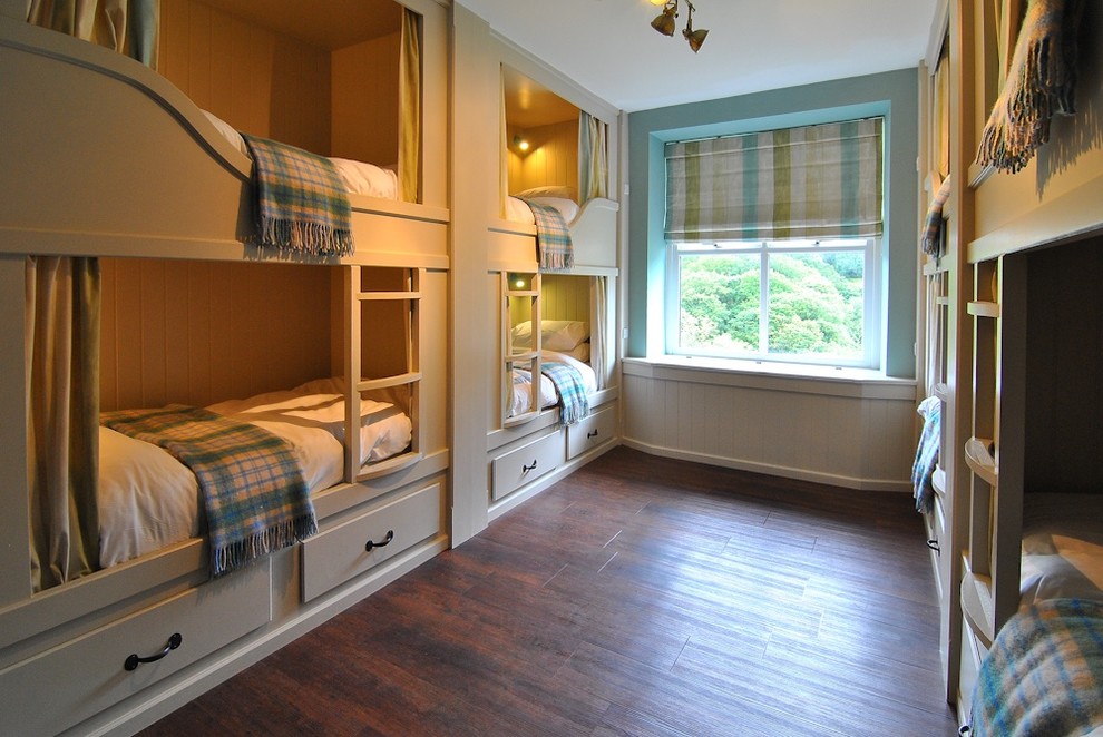 Country guest bedroom in Other with white walls.