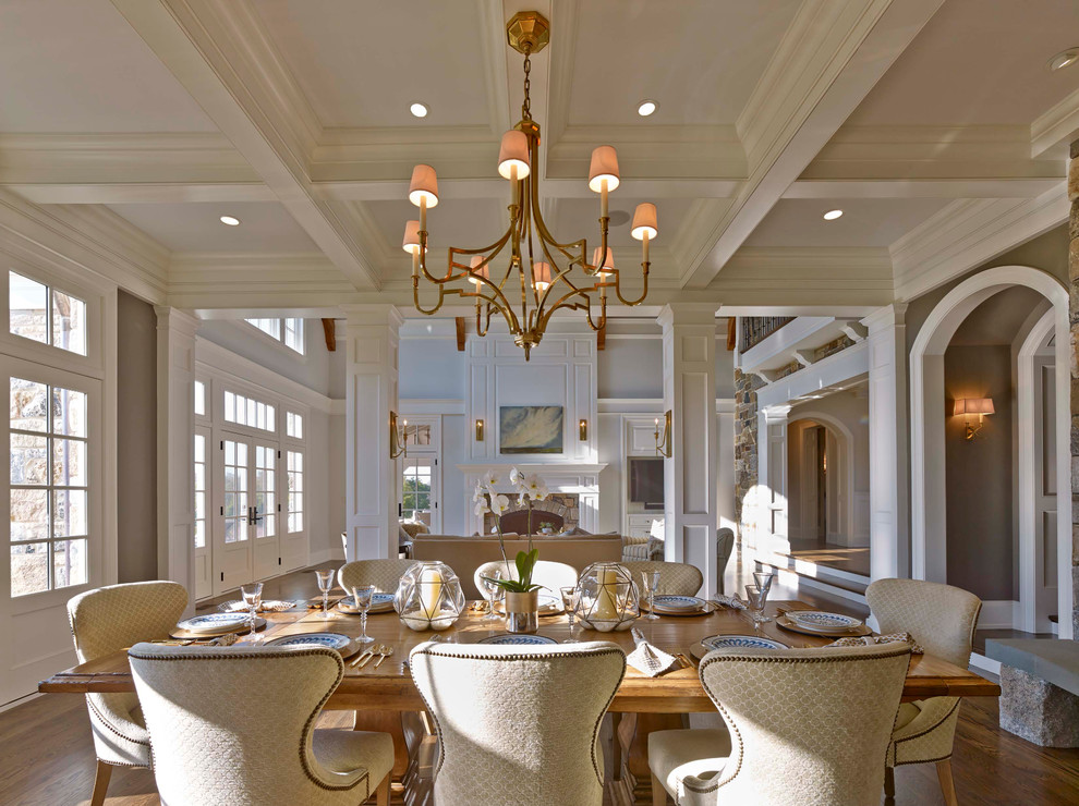 Inspiration for a traditional dining room in Philadelphia with grey walls and dark hardwood floors.