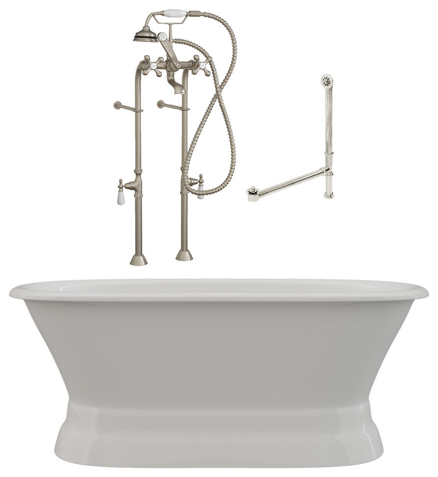 66" Double Ended Cast Iron Pedestal Tub, Freestanding Plumbing Package, "Worth" Contemporary