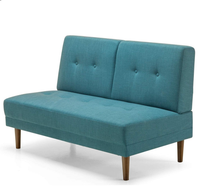Mid-Century Loveseat, Armless Design With Button Tufted Padded Seat, Turquoise