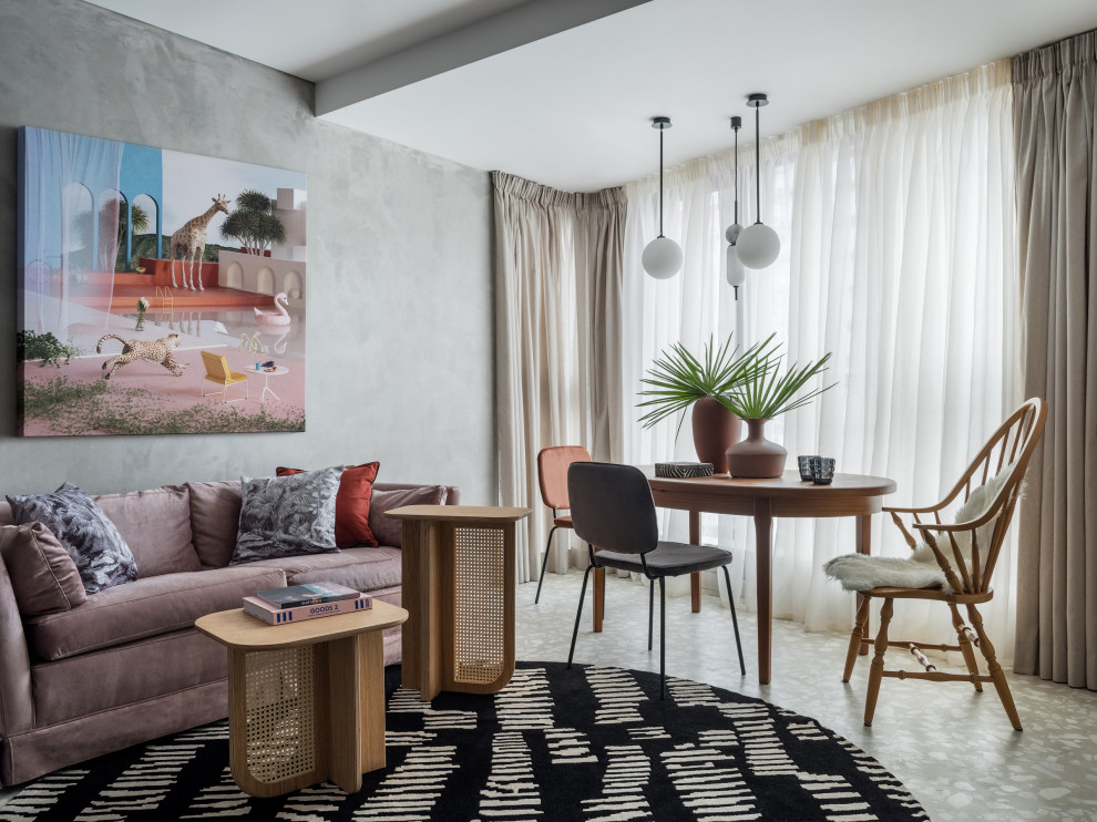 Idéer för ett modernt vardagsrum, med grå väggar och grått golv