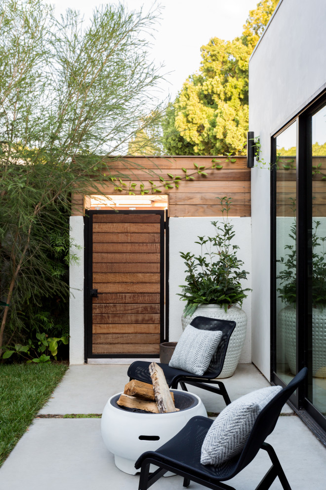 Foto di un patio o portico minimal di medie dimensioni e dietro casa con un focolare e una pergola