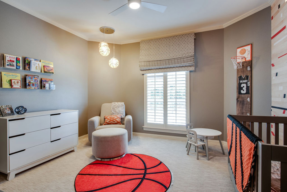 Inspiration for a mid-sized modern nursery for boys in Dallas with grey walls, carpet, grey floor and wood walls.