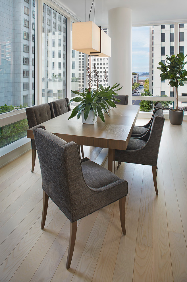 Inspiration for a transitional dining room in San Francisco with light hardwood floors.