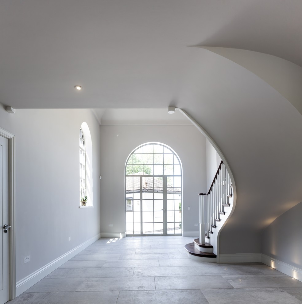 Design ideas for an expansive contemporary hallway in Cheshire with grey walls and ceramic floors.