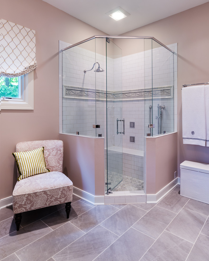 Photo of a traditional master bathroom in Richmond with beaded inset cabinets, white cabinets, engineered quartz benchtops, a freestanding tub, a corner shower, white tile and pink walls.
