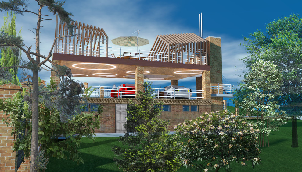 Навес для трёх авто на рельефе с цокольным этажом в Велегож- парк 2 Тульской обл