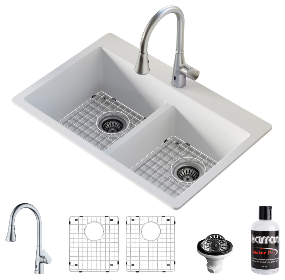 Karran 33" Top Mount Double Bowl 50/50 Quartz Kitchen Sink, White With Faucet
