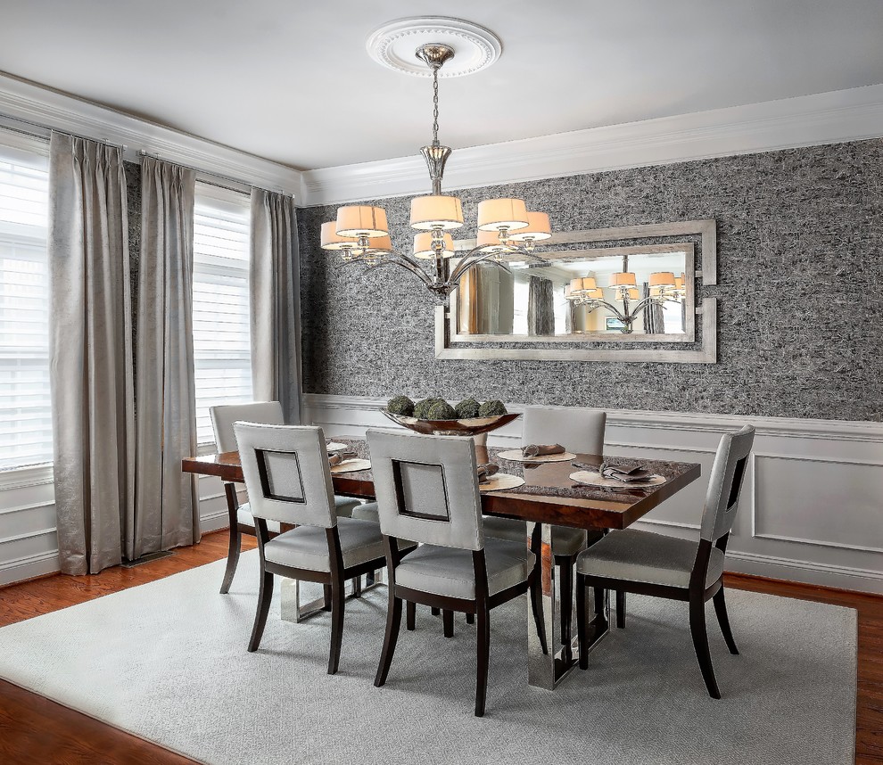 Photo of a mid-sized transitional open plan dining in DC Metro with grey walls, medium hardwood floors and no fireplace.