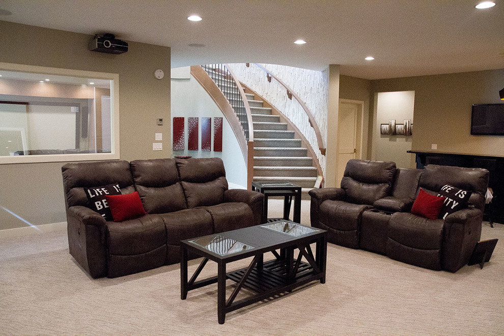 Photo of a mid-sized contemporary open concept family room in Calgary with a home bar, grey walls and carpet.