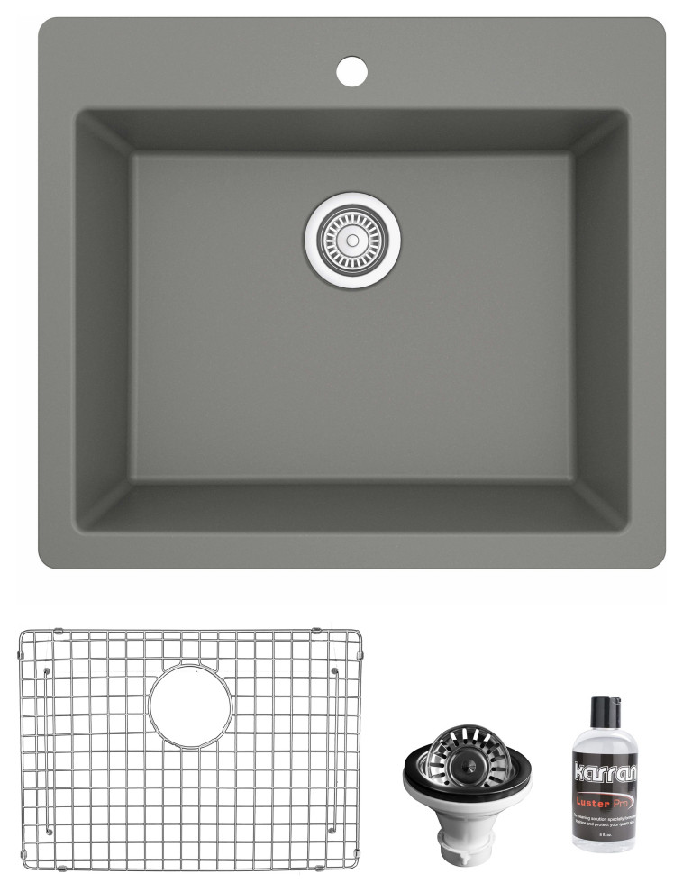Karran QT-820 Top Mount 25" Single Bowl Quartz Kitchen Sink Kit, Grey