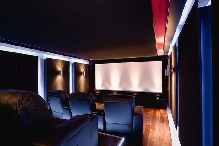 Photo of a mid-sized modern enclosed home theatre in Minneapolis with light hardwood floors, a projector screen and black walls.
